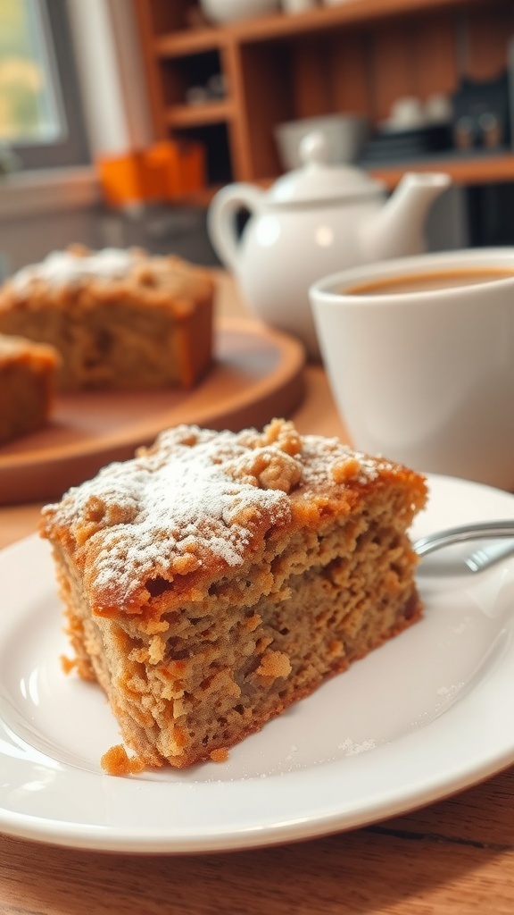 A slice of banana bread coffee cake with crumbly topping on a plate next to a cup of coffee.